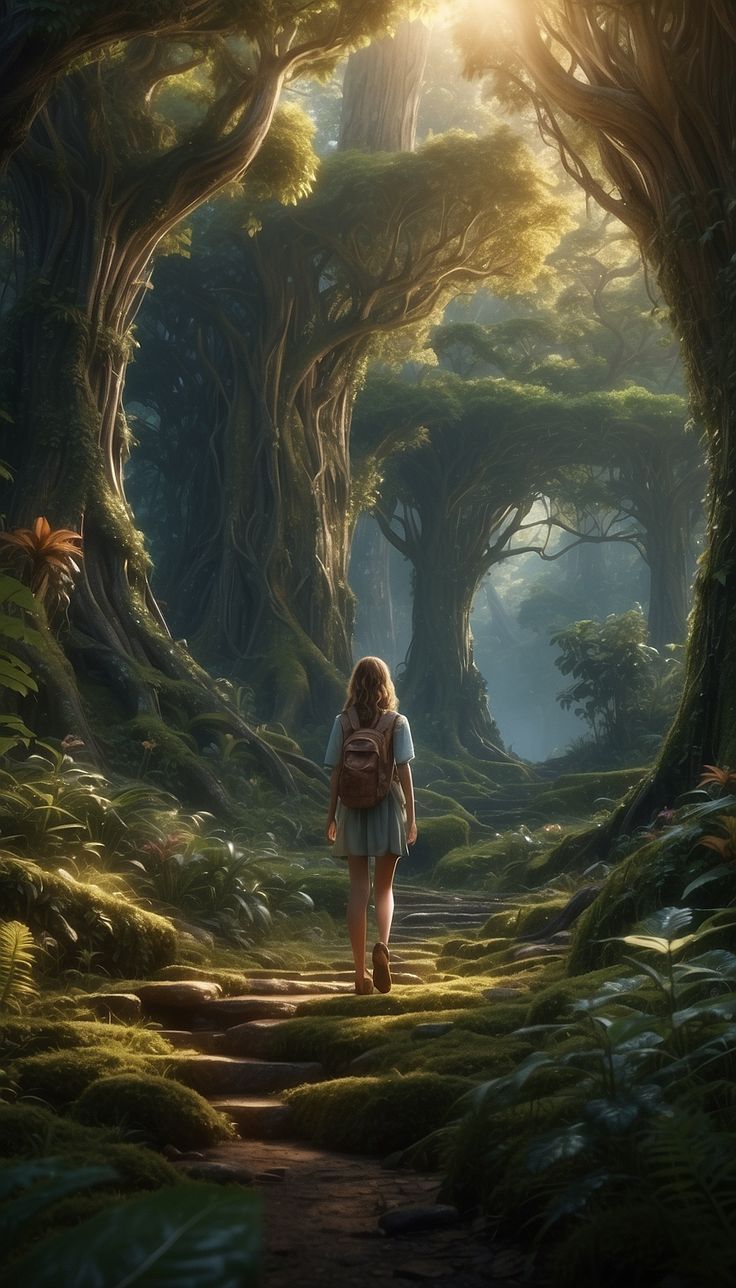 a woman walking through a forest with lots of trees and grass on either side of her