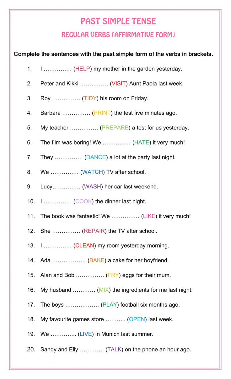 the past simple tense worksheet is shown in pink and white, with an image of