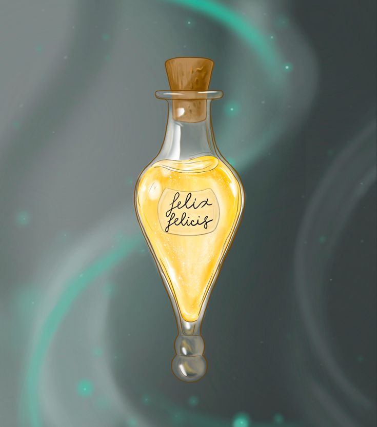 Drawing of a vial with a Felix Felicis potion. Part of Harry Potter world Luck Potion Harry Potter, Liquid Luck Potion, Wiggenweld Potion, Felix Felicis Drawing, Liquid Luck Tattoo, Liquid Luck Harry Potter, Good Luck Illustration, Soulmate Tattoos, Potions Harry Potter