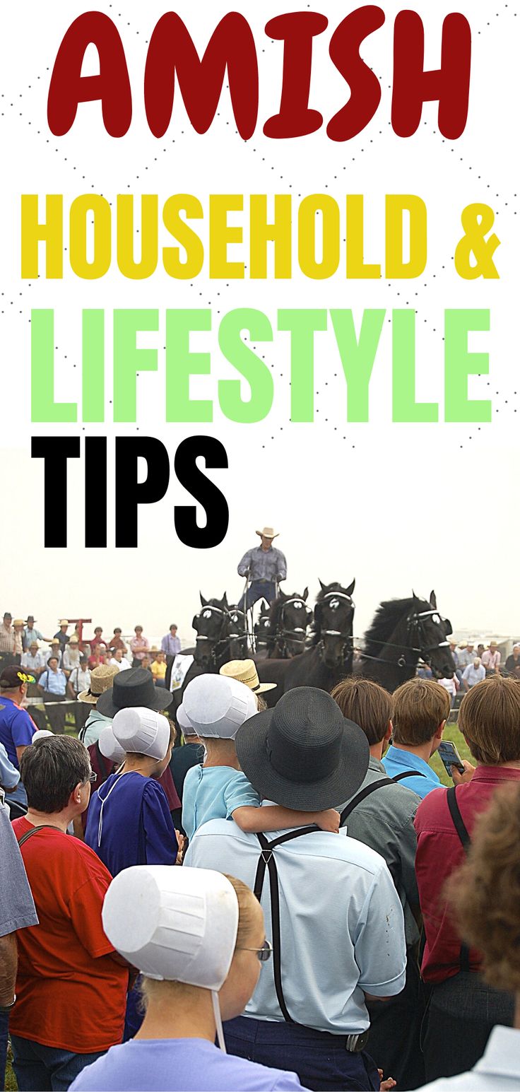 a crowd of people standing next to each other with the words amish household and life style tips