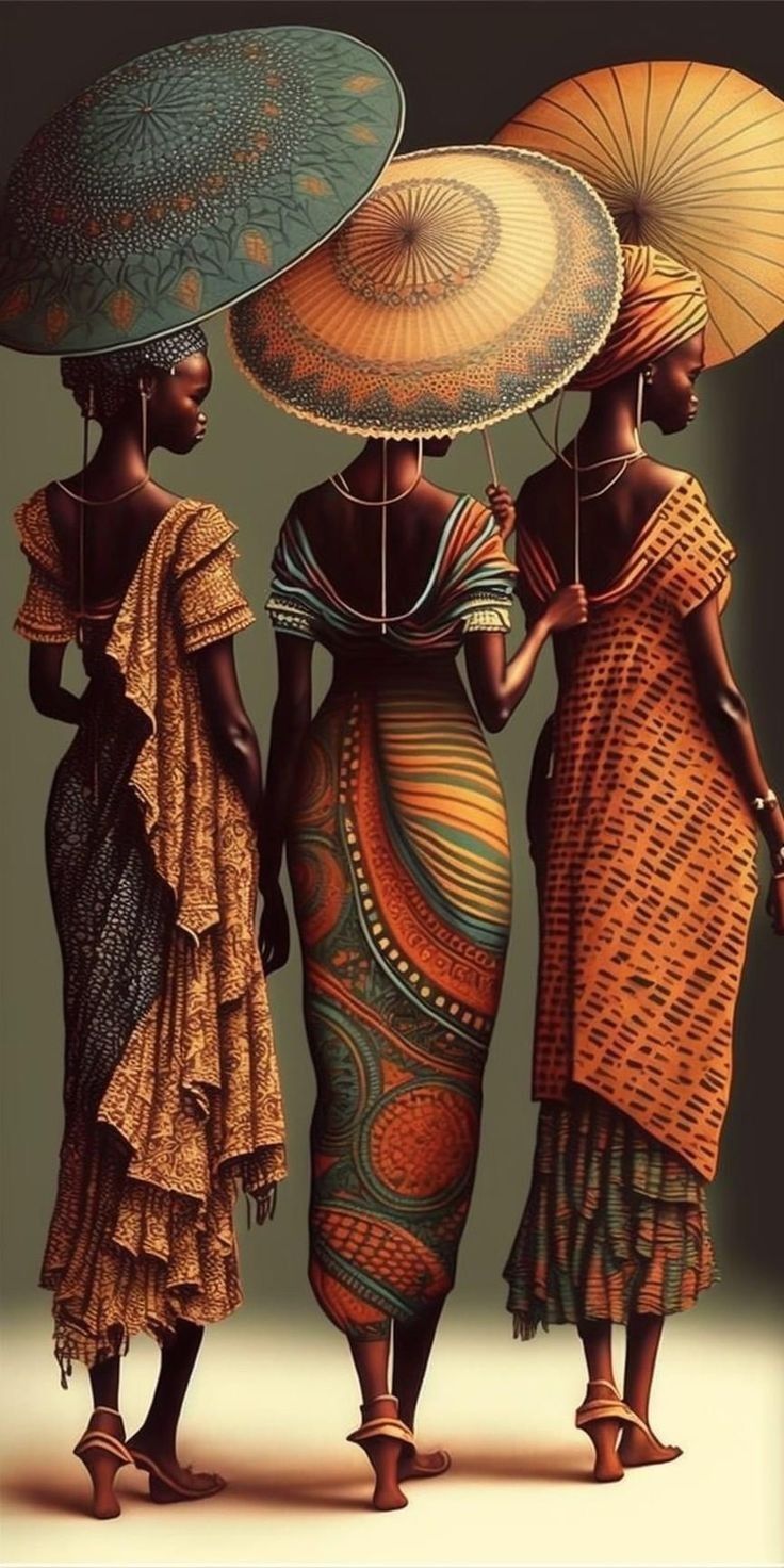 three african women with parasols on their heads