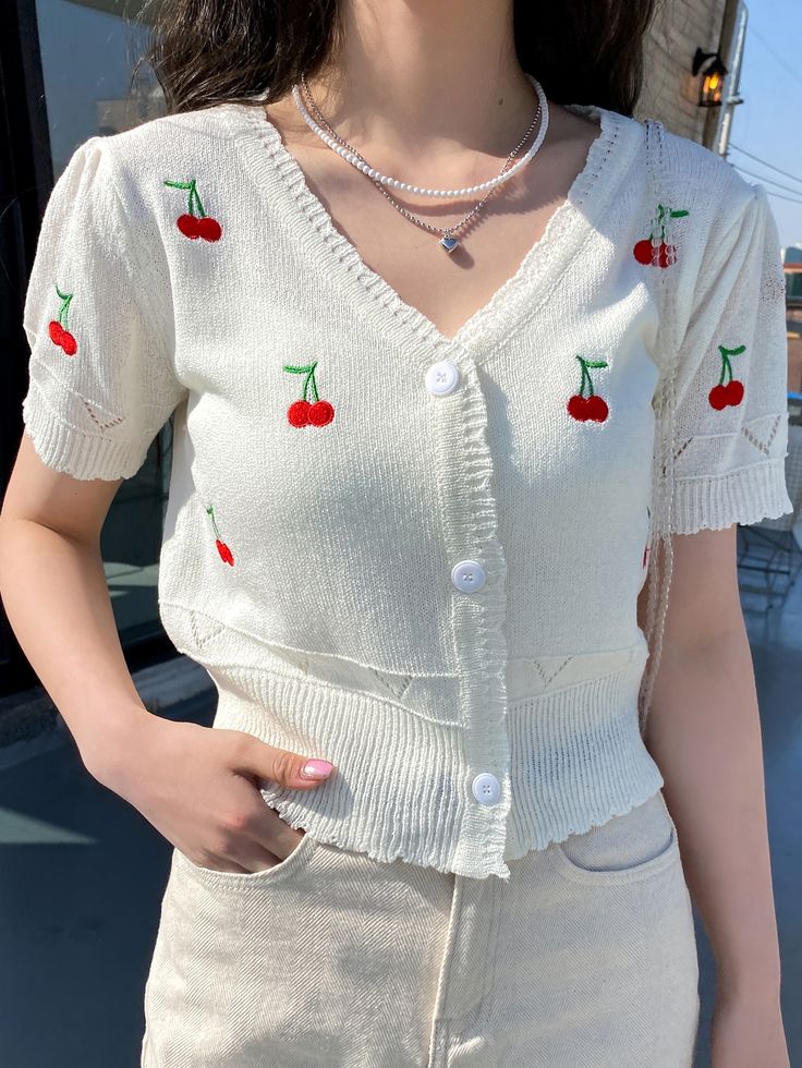 DAZY Cherry Embroidery Button Through Cardigan | SHEIN USA Diy Clothesline, Cherry Embroidery, Cottagecore Clothes, Journal Design Ideas, Bullet Journal Design, Pola Sulam, Bullet Journal Design Ideas, Red Embroidery, Embroidered Clothes