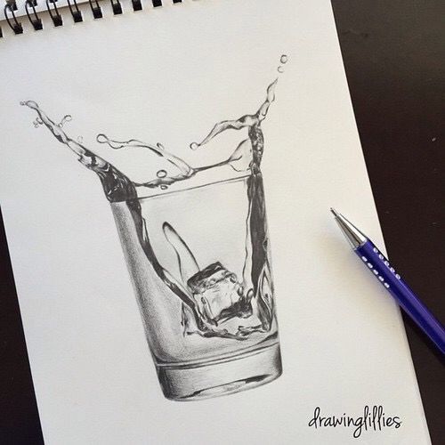 a drawing of an ice cube in a glass with water splashing on it, next to a pen