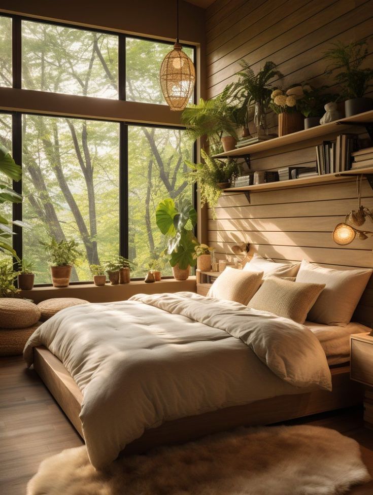 a large bed sitting in a bedroom next to a window with potted plants on it