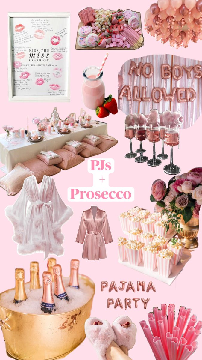 pink and gold baby shower collage with champagne, cake, flowers, umbrellas