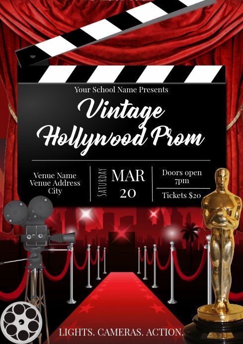 an event poster with red carpet and oscars on the stage in front of a red curtain