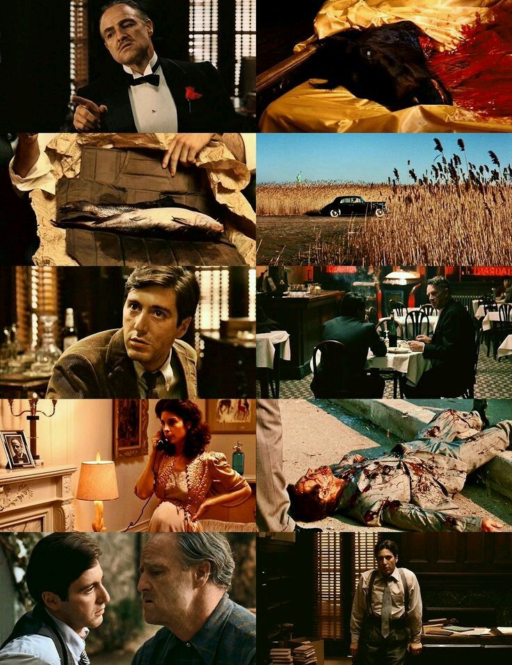 the collage shows many different scenes from movies, including an old man in a tuxedo