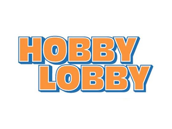 the logo for hobby lobby with an orange and blue stripe on it's side