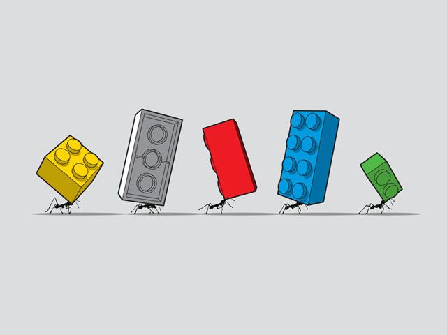 three legos are standing in the same direction, one is carrying a large speaker