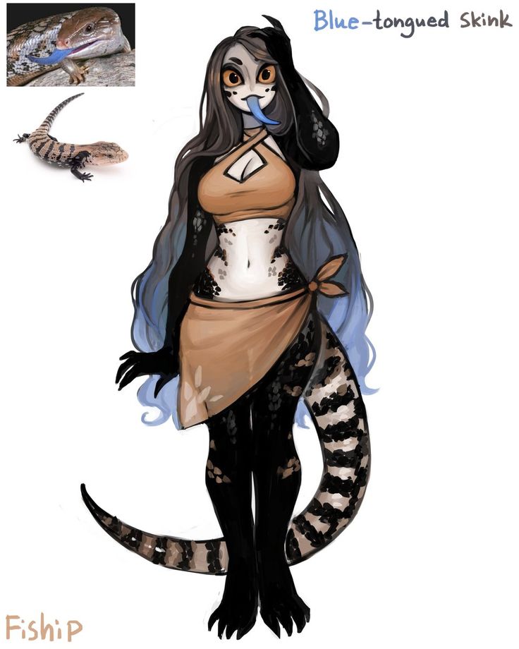 a drawing of a woman with long black hair and blue - tongued skin, standing next to a lizard