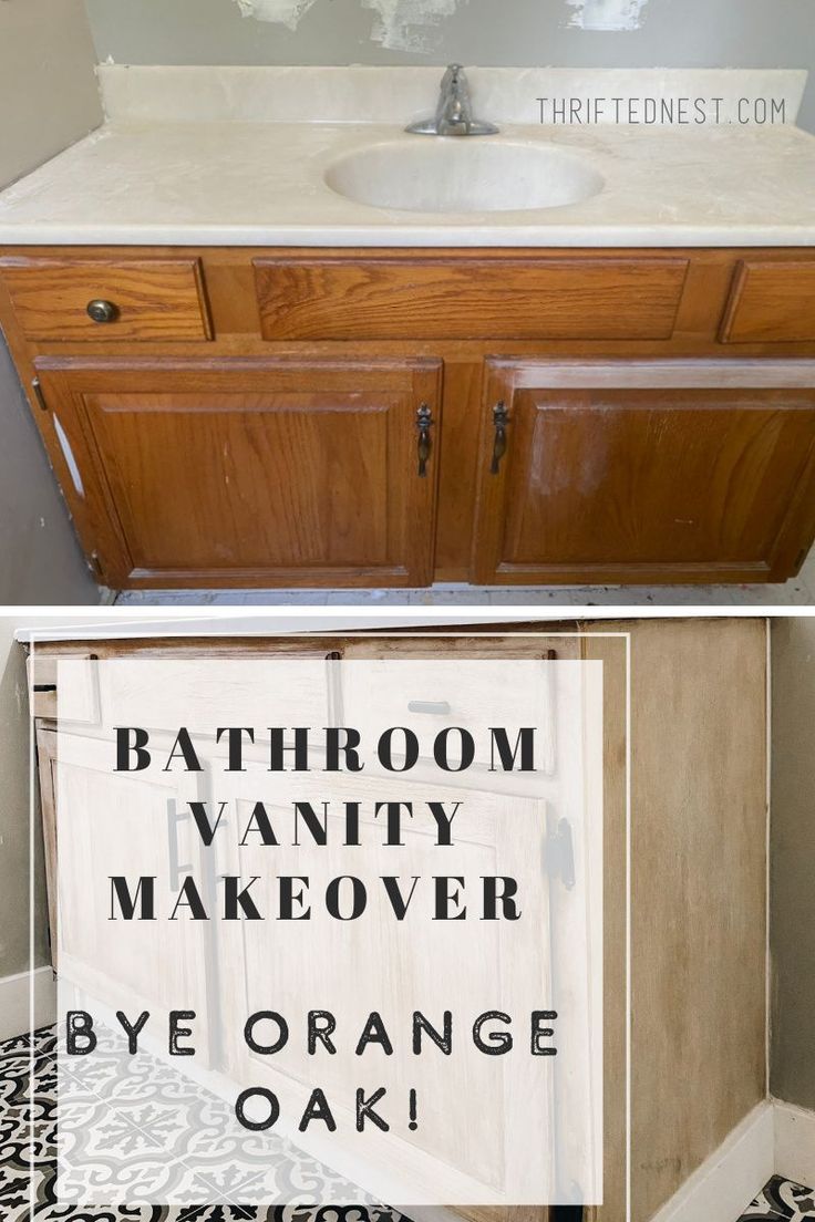 bathroom vanity makeover before and after with black and white patterned flooring, wood cabinet door