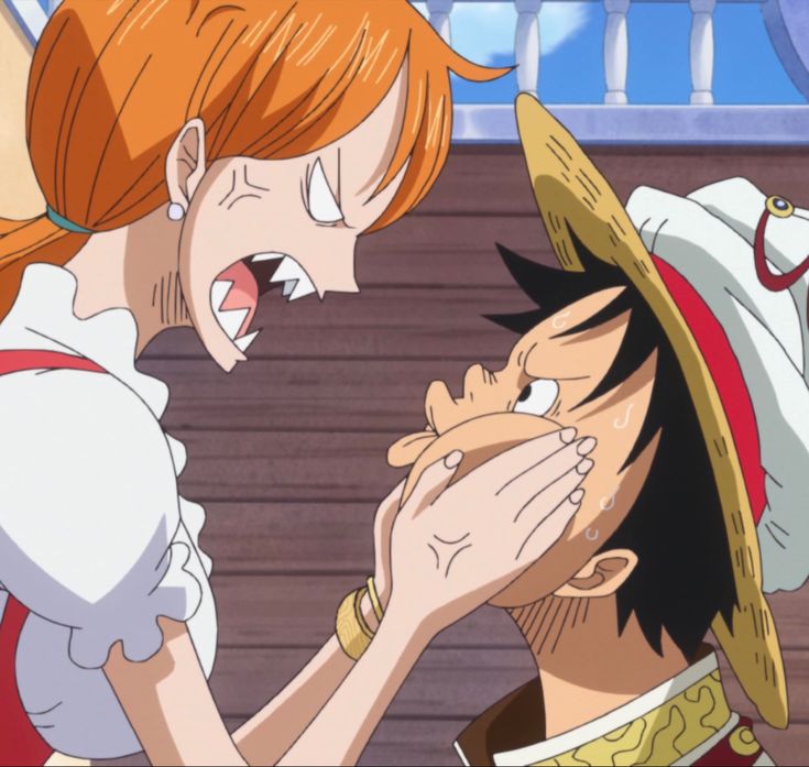 two anime characters are touching each other's noses while one looks at the camera