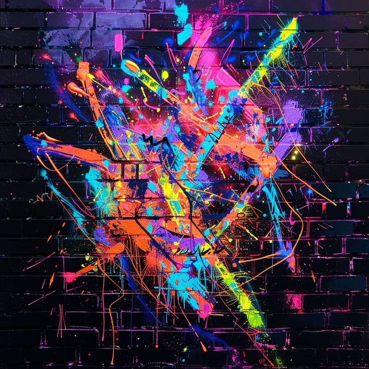 an abstract painting on the side of a brick wall with paint splattered all over it