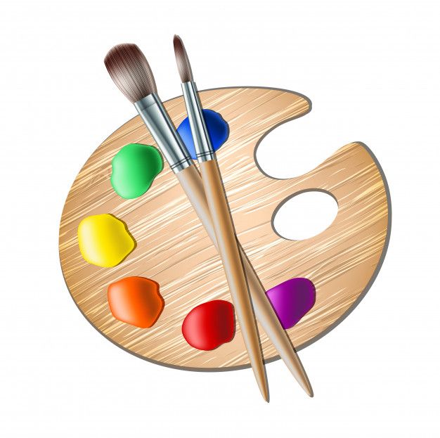 an artist's palette and two paintbrushes on a white background stock photo