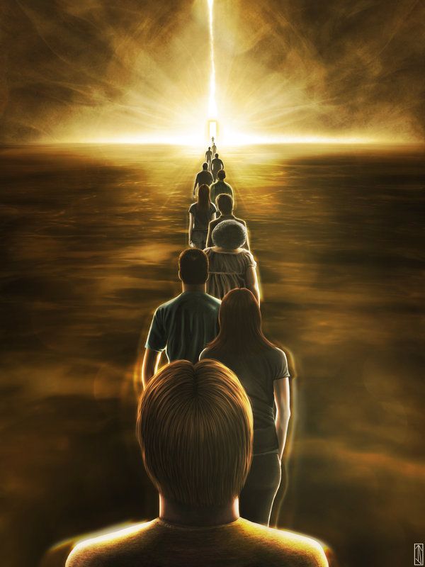 a group of people standing in the middle of a body of water with a bright light coming from behind them