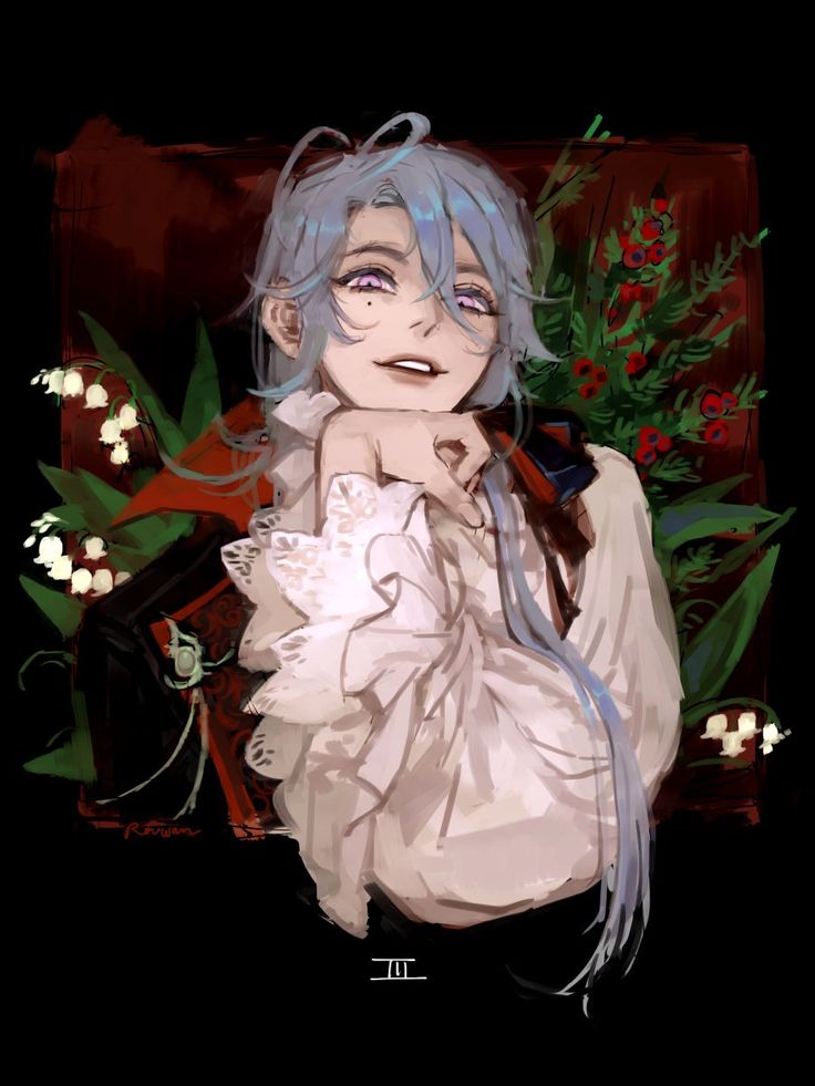 an anime character with blue hair holding a white cat in front of flowers and plants