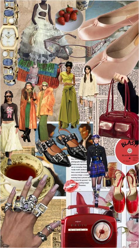 a collage with many different items including shoes, handbags and purses on it