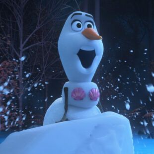 the snowman is smiling for the camera in the animated movie frozen princess, which also features characters from disney and pixama