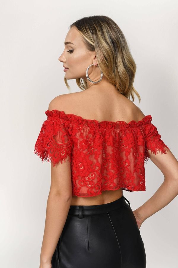 Crops Tops For Every Season? You Bet. The Riley Lace Off Shoulder Red Crop Top Will Add A Cute Feminine Touch To Your Looks. This Summer Crop Top Features An Off The Shoulder Cut With Delicate Sleeves And Gorgeous Lace With Ruching At The Neckline. This Lace Bardot Top Makes A Great Finishing Touch To Any Basic Bottom. Crop Top Over Shirt, Red Lace Crop Top, Red Top Outfit, Designer Crop Top, Christmas Fashion Outfits, Dance Crop Tops, Bardot Crop Top, Womens Lace Tops, Crop Top Designs