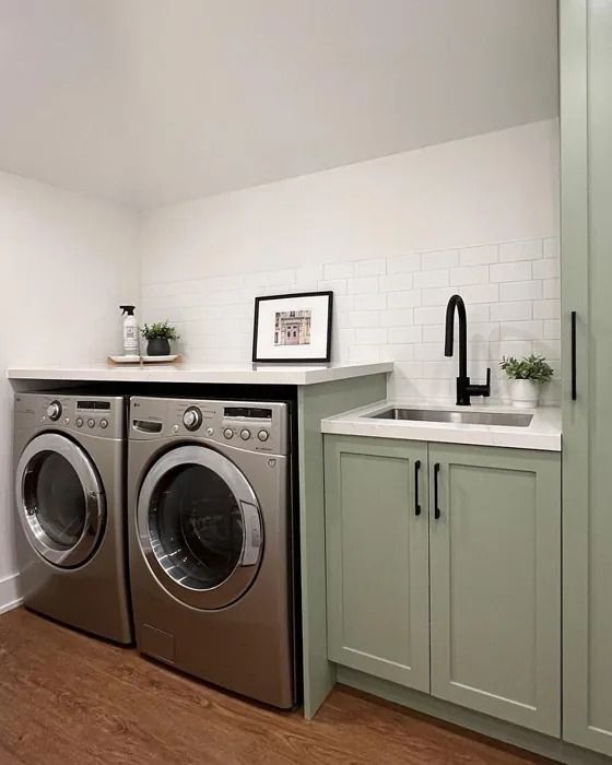 Sherwin Williams Clary Sage Laundry Room Sherwin Williams Clary Sage Cabinets, Sage Laundry Room, Green Laundry Room Cabinets, Clary Sage Paint, Sherwin Williams Clary Sage, Sage Paint Color, Sage Paint, Sherwin Williams Green, Green Laundry