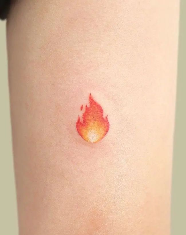 Fire Small Tattoo Ideas, Small Fire Sign Tattoo, Small Flames Tattoo, Fire Theme Tattoo, Pink Flame Tattoo, Fire Emoji Tattoo, Tiny Fire Tattoo, Watercolor Flame Tattoo, Leo Fire Tattoo