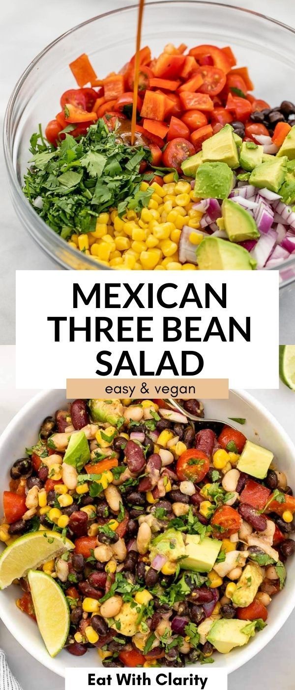 mexican three bean salad with avocado, corn and cilantro on the side