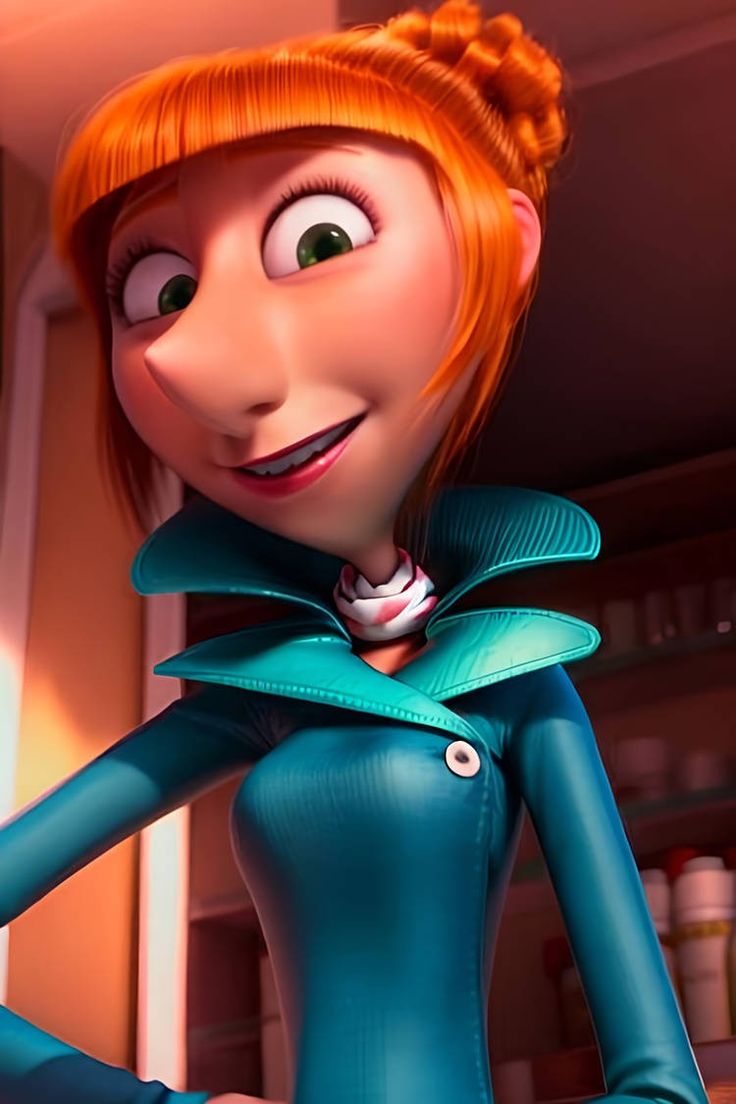 the animated character is dressed in blue and has an orange hair, with her eyes wide open