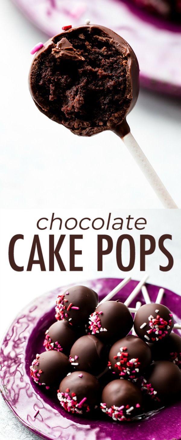 chocolate cake pops with sprinkles are on a purple plate next to a pink and white plate