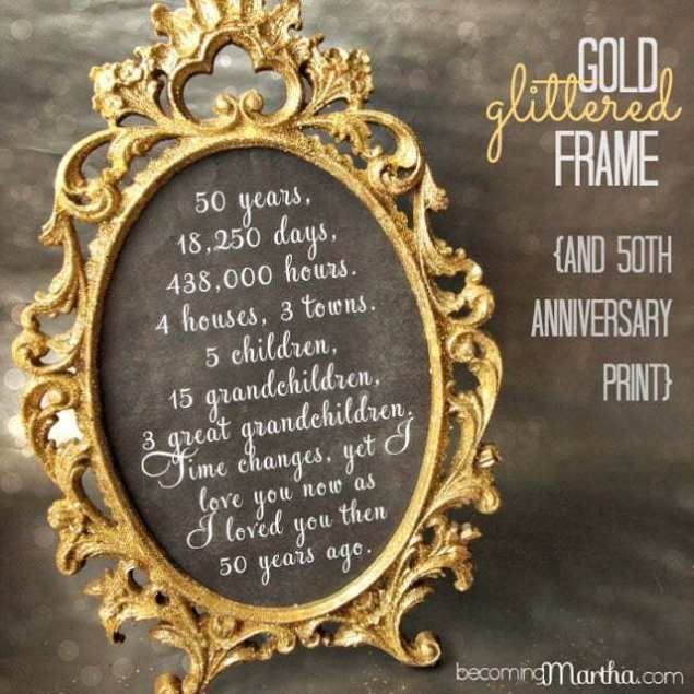 a gold and glittered frame and print - 50th anniversary party decor is featured on pinterest