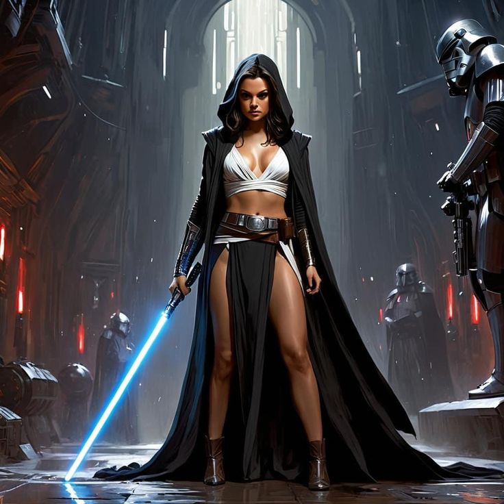 a woman in a star wars outfit standing next to darth vader