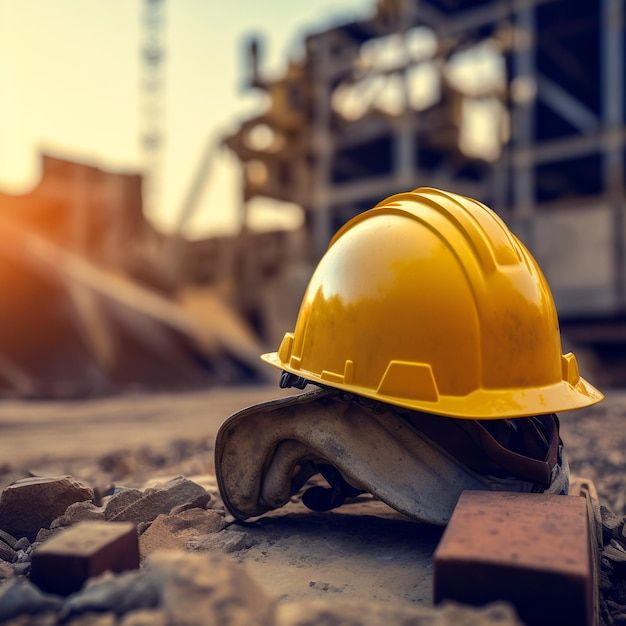 a hard hat sitting on top of some rocks