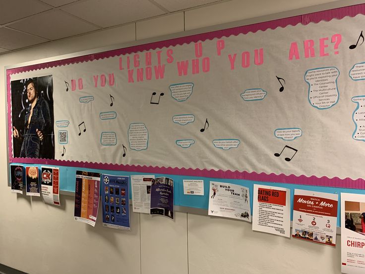 a bulletin board with music notes on it and pictures hanging from the wall behind it