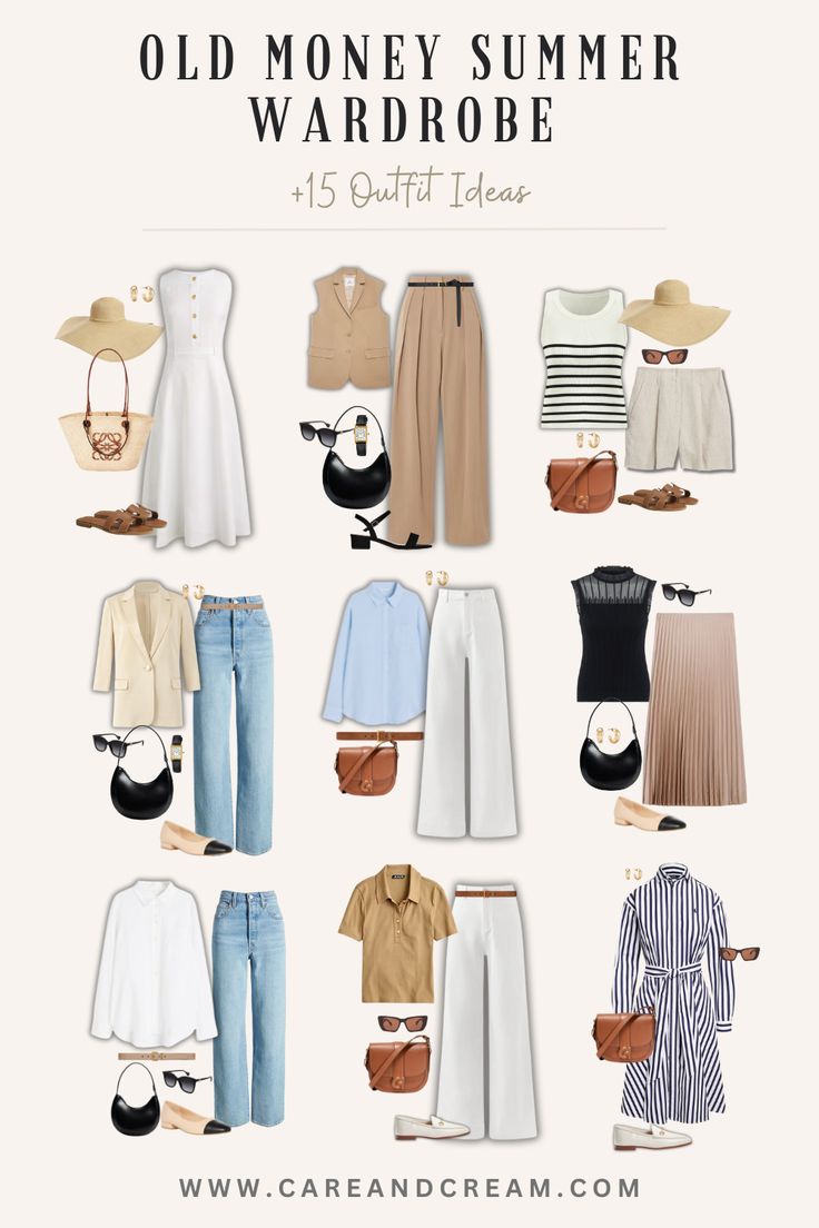 Classy Summer Outfits Old Money, Summer 2024 Capsule Wardrobe, Capstone Wardrobe, Old Money Aesthetic Summer Outfit, Casual Old Money Outfits, Old Money Essentials, Summer Old Money Outfits, Old Money Wardrobe Essentials, Old Money Outfits Summer