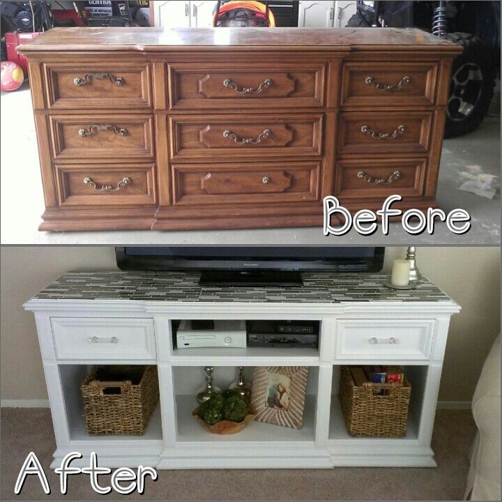 before and after photos of an old dresser turned into a tv stand with marble top