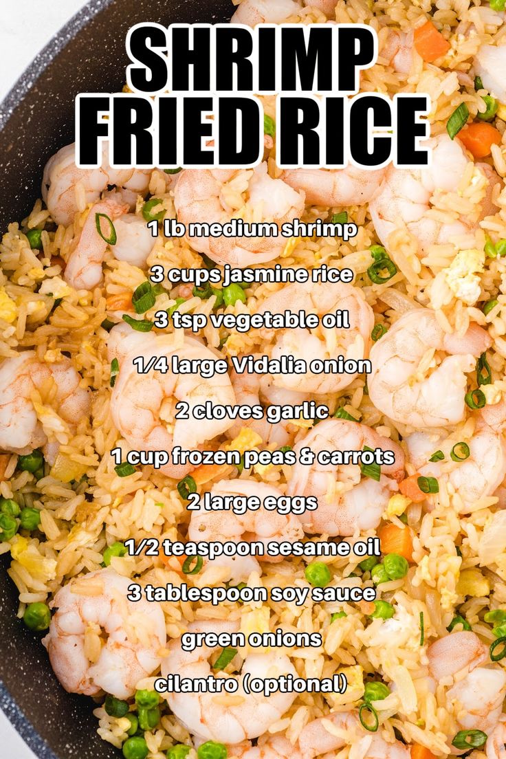 shrimp fried rice in a skillet with instructions for how to cook it and what to use it