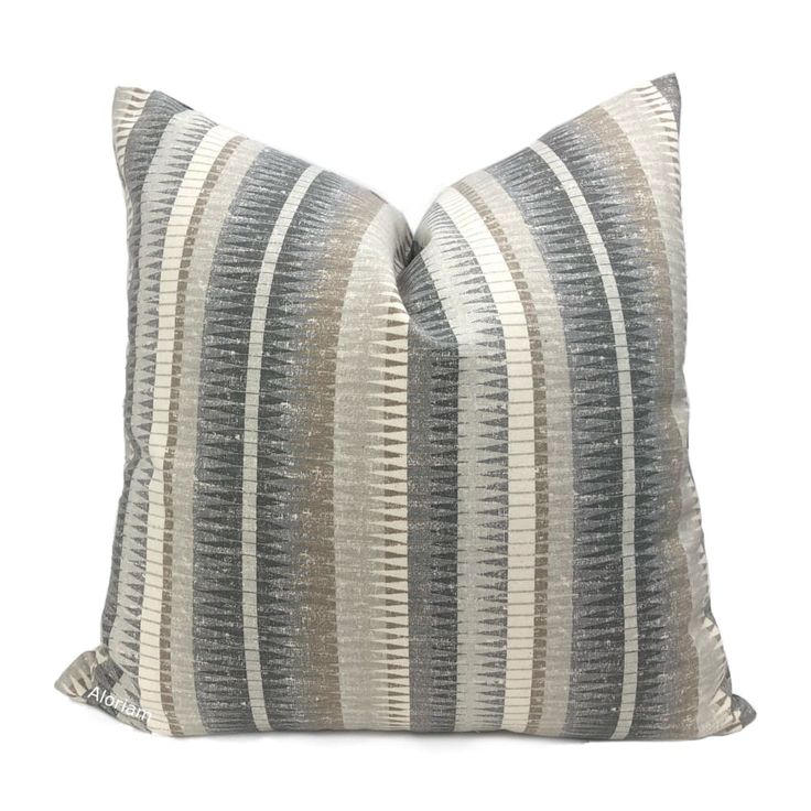 two gray and white striped pillows on a white background