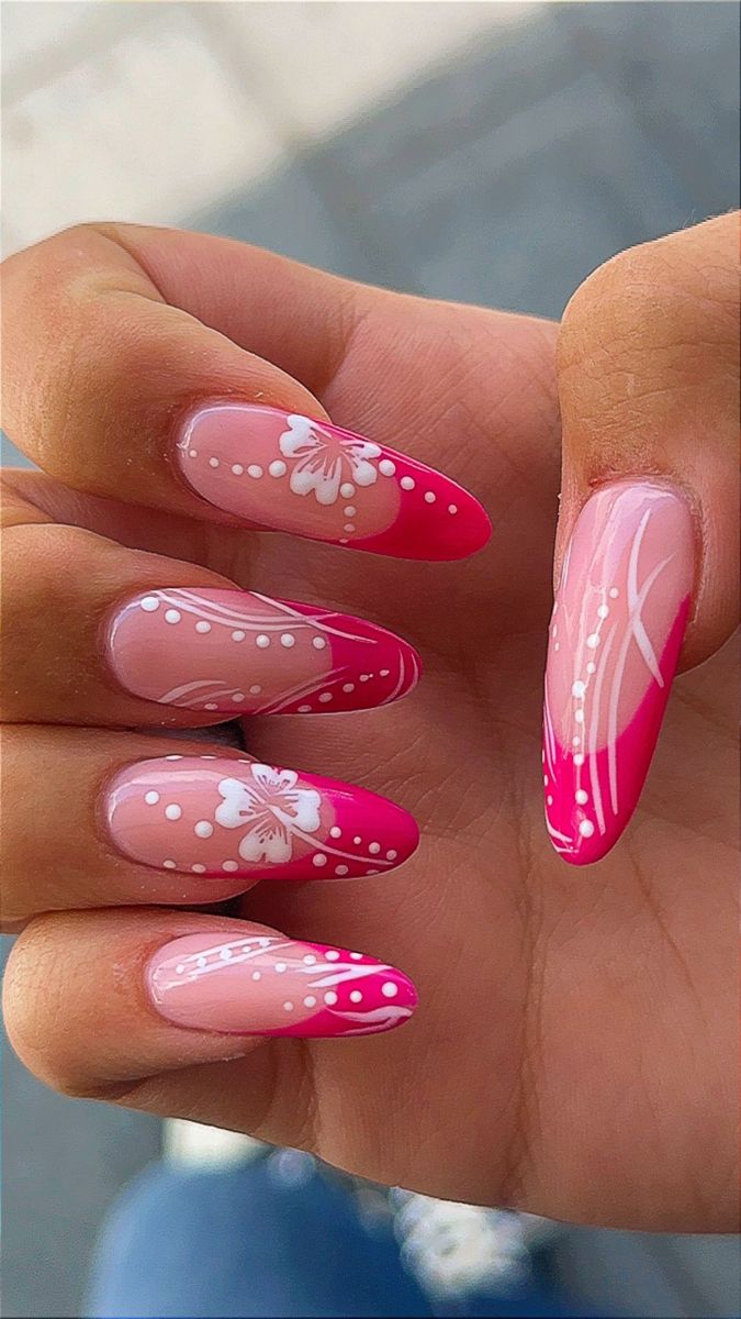 French Tip Summer Nails, Summer Nails Pink, Hawaiian Flower Nails, Aloha Nails, Nails Tropical, Hawaiian Nails, Tropical Nail Designs, Hawaii Nails, Pink Flower Nails