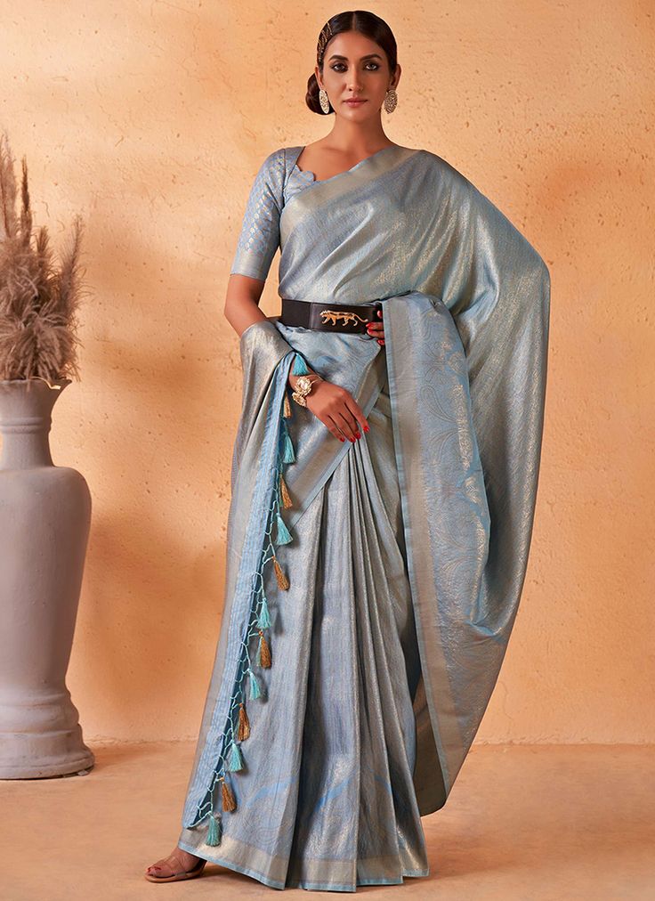 Light Blue Brocade Detailed Kanjivaram Silk Saree Light Blue Silk Saree, Blue Silk Saree, Banaras Sarees, Kanjivaram Saree, Kanjivaram Silk Saree, Wedding Saree Indian, Buy Sarees Online, Kanjivaram Sarees, Blouse Material