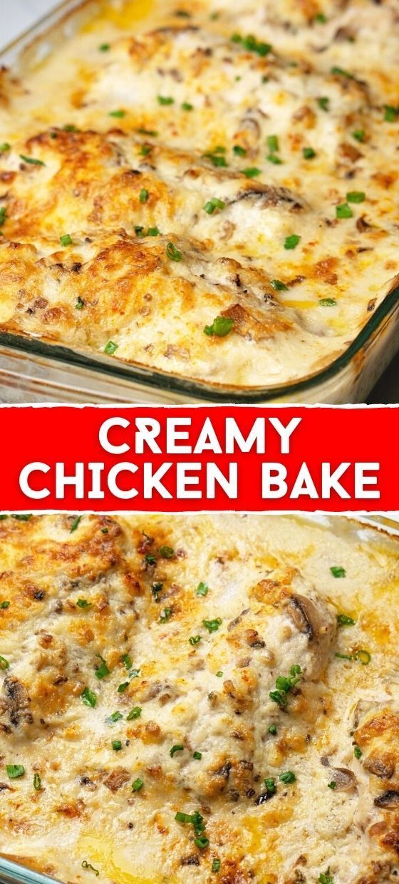 two pictures of the same casserole, one with chicken and cheese on it