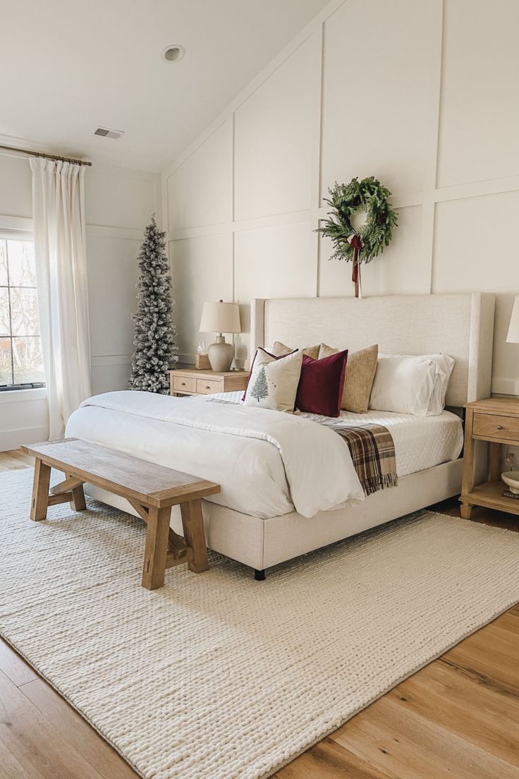 Primary Bedroom Winter Decor with Cozy Christmas Vibes, Christmas Decor, Home Decor, French White Oak Flooring, Braided Wool Rug, Pottery Barn Style, Cozy Christmas, Winter Decor in the bedroom, Neutral Style Bedroom Winter Decor, Floor Bedroom Ideas, Masculine Bedroom Decor, Light Wood Bed, Holiday Bed, Bedroom Neutral, Colors For 2024, Best Bedroom Colors, Masculine Bedroom