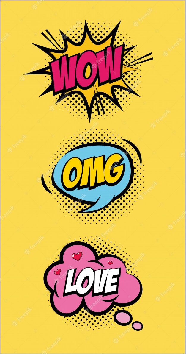 comic speech bubbles with the words wow and omg in different languages on yellow background