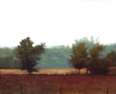 a painting of two trees in a field