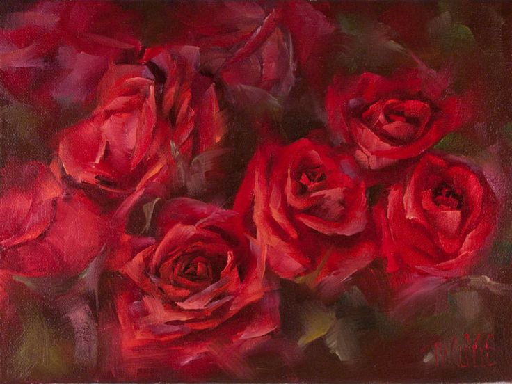 a painting of red roses with green leaves