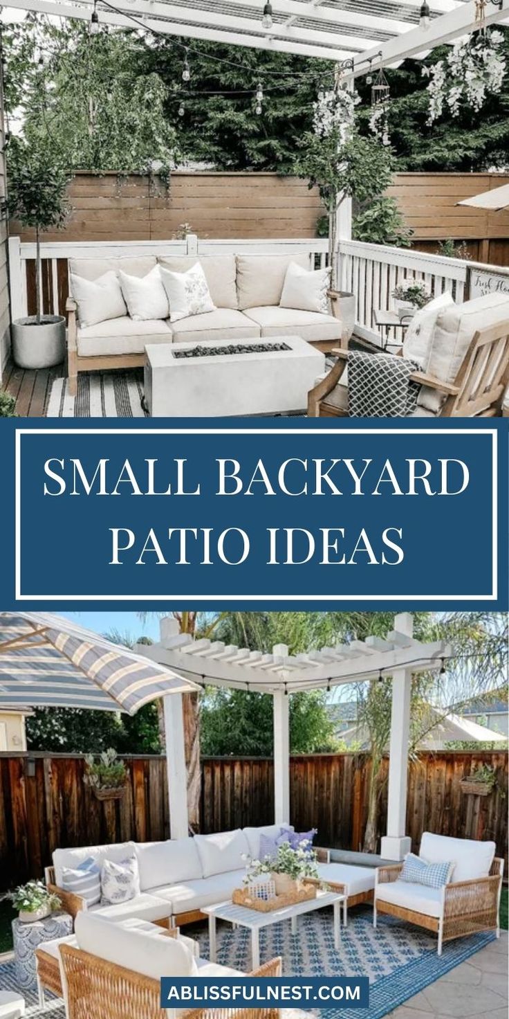 small backyard patio ideas with white furniture and blue rugs on the floor, in front of