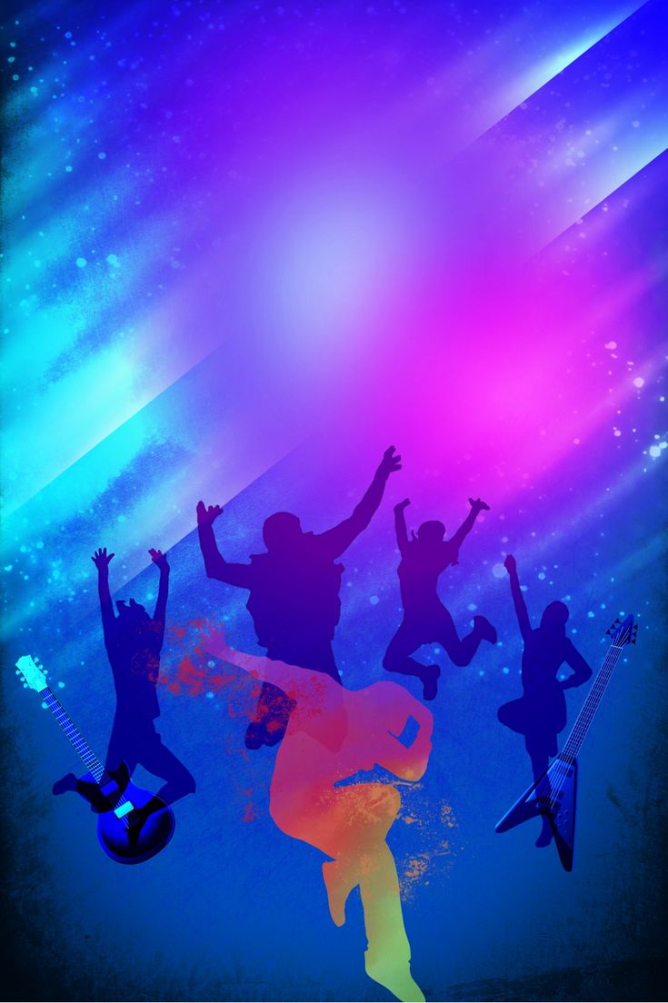 silhouettes of people dancing and playing guitar against a colorful background with space in the middle