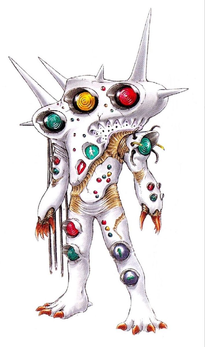 a drawing of a weird looking creature with many different colored eyes and claws on it's head