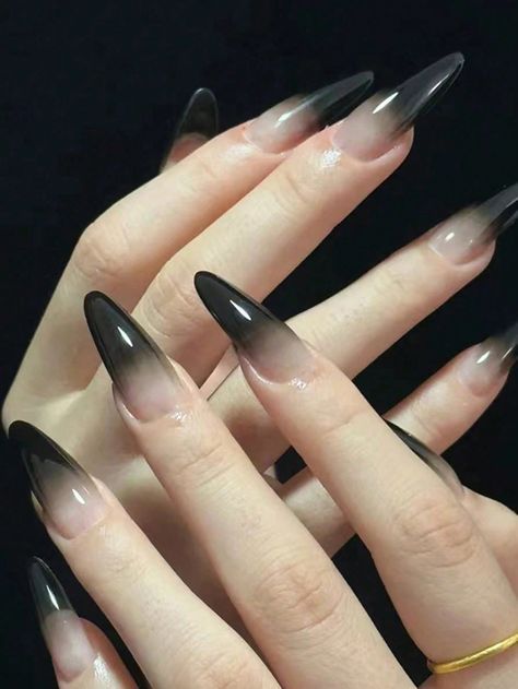 Long Black Nails Stilettos, Goth Prom Nails, Black Nail Inspo Almond, Yuna Itzy Nails, Goth Nails Almond, Vampire Inspired Nails, Goth Nails Ideas, Grunge Nail Designs, Dark Goth Nails