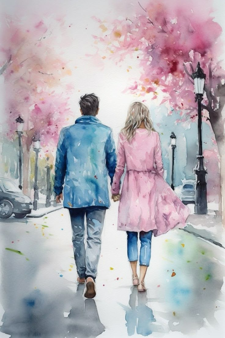 a painting of a man and woman walking down the street