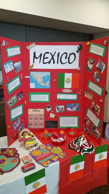 a mexican themed table with pictures and other items on it's display area,