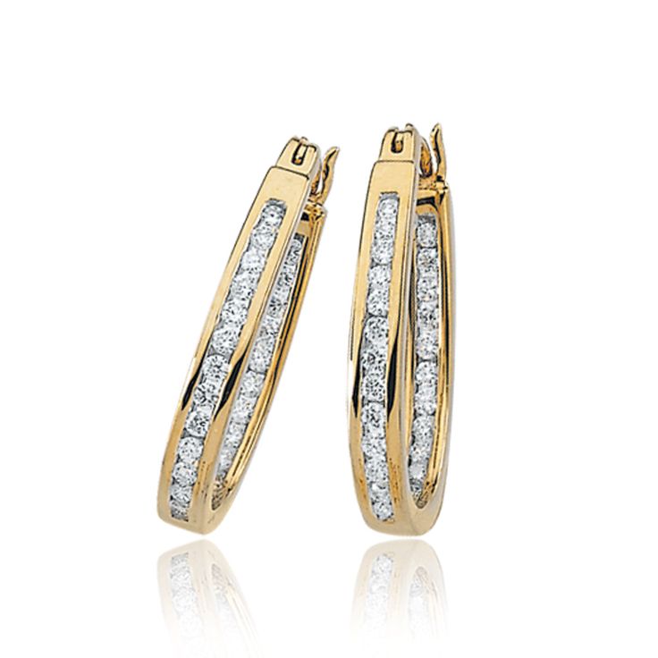 One of our favorites. These diamond hoop earrings are channel set with 50 - 1mm diamonds (1/2 total carat weight) and are crafted with 14 karat yellow gold. Luxe Jewelry, Gold G, Bow Jewelry, Square Earrings Studs, Knot Earrings, Leverback Earrings, Princess Diamond, Diamond Hoop Earrings, Channel Set